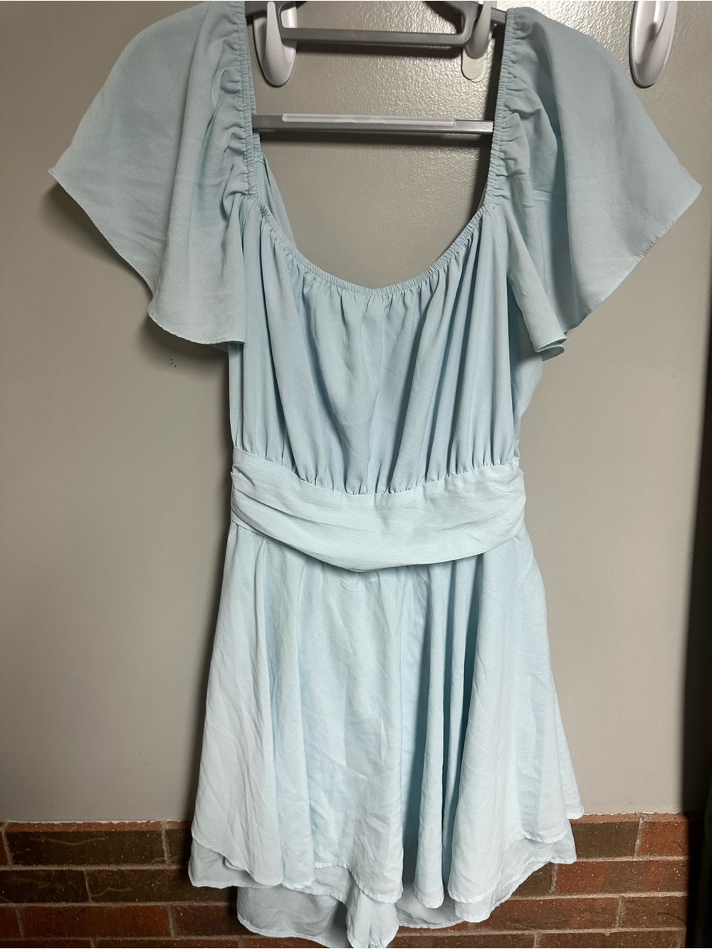 Light Blue Flutter-Sleeve Romper with Waist Tie